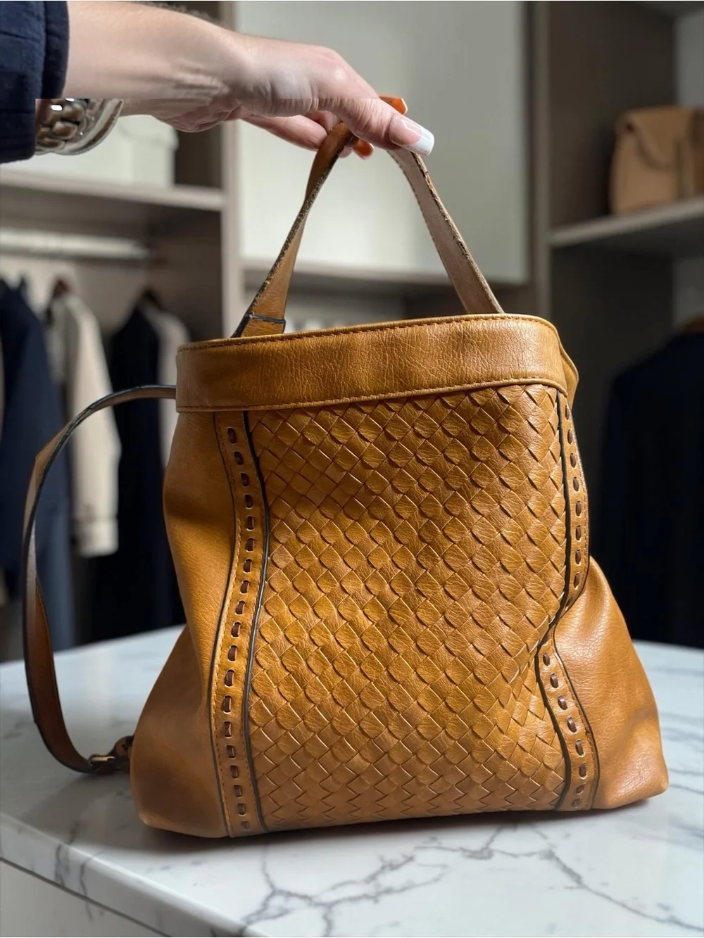 Vilenca Holland Woven Leather Convertible Backpack Shoulder Bag Cognac